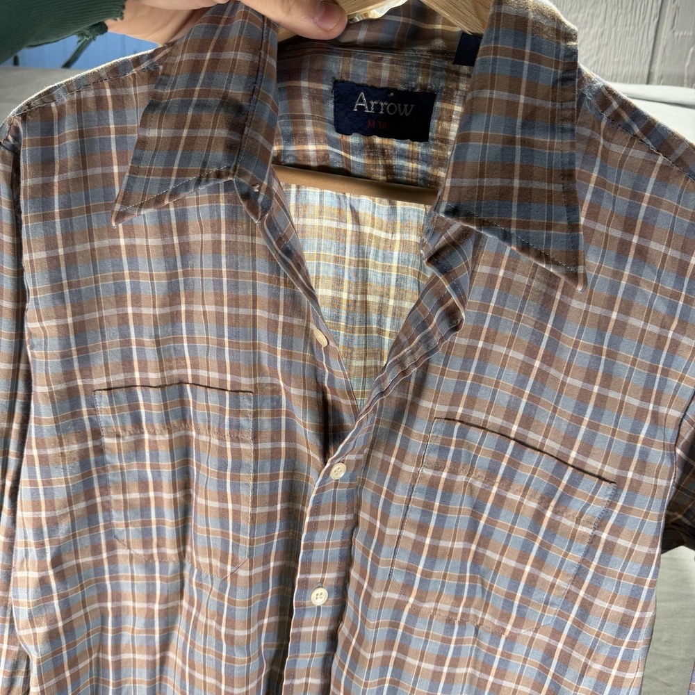 True Vintage Arrow Shirt Mens Medium Tall Brown Plaid Paper Thin Sheer Button Up